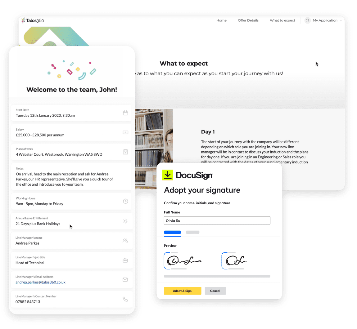 A screenshot of the Talos ATS employee onboarding suite, a key feature of our manufacturing & engineering applicant tracking system.